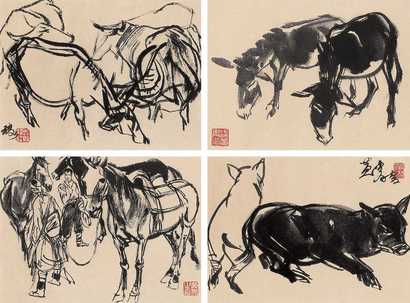 黄胄 动物（四幅） 镜心